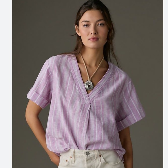 Pilcro Tops - Pilcro Anthropologie Linen Henley Surf Shirt Top Sz M Lavender Striped